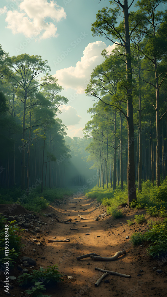 Obraz premium A time-lapse concept shows the transformation of a lush forest into barren land, illustrating the impact of deforestation through realism and surrealism