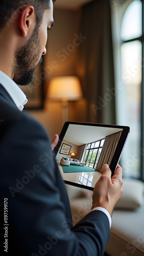 A real estate agent, a young man of Middle Eastern descent, presents a digital walkthrough of a luxurious apartment on a tablet, showcasing a modern interior design