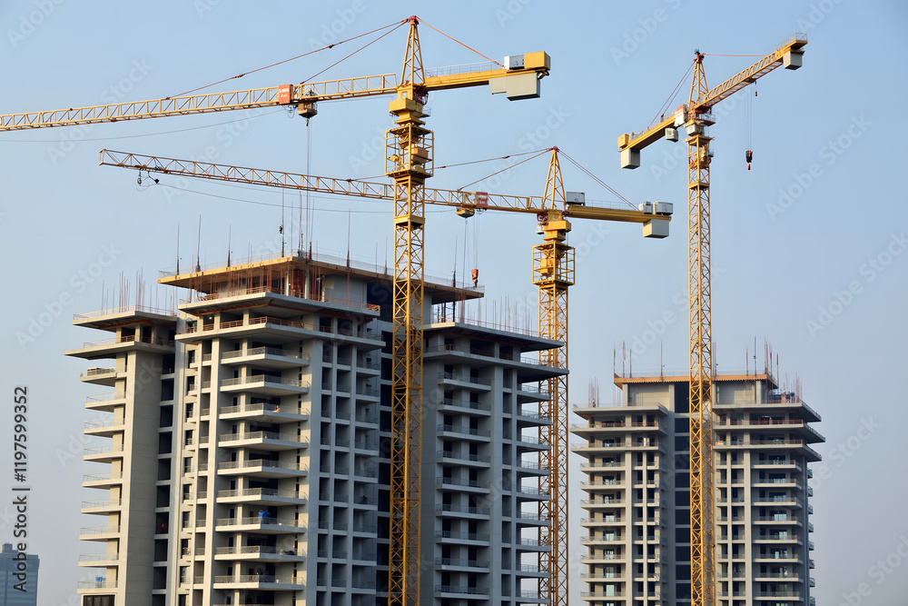 A construction site features luxury condominiums with cranes and workers in action, showcasing an urban development project under progress A construction site features luxury condominiums with cranes and workers in action, showcasing an urban development project under progress