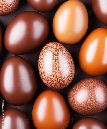 Colorful assortment of chocolate eggs in various shades and textures.