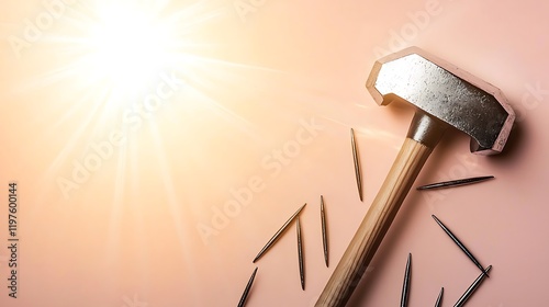 A hammer head glinting under a sharp light, nails scattered haphazardly, ultra-minimalist aesthetic, warm golden-hour lighting, solid light pink background, soft and unexpected mood photo