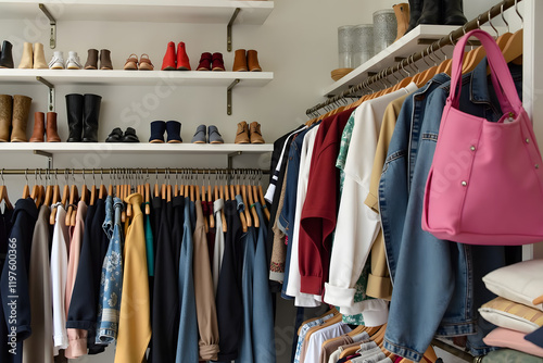 A thrift shop with neatly displayed pre-loved clothing and accessories features colorful garments and stylish shoes on shelves and hangers
