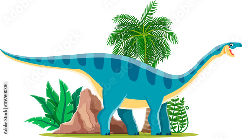 Cartoon Lufengosaurus dinosaur cute character. Extinct reptile funny vector personage, prehistoric dinosaur or Jurassic era lizard isolated character. Paleontology animal Lufengosaurus in jungle