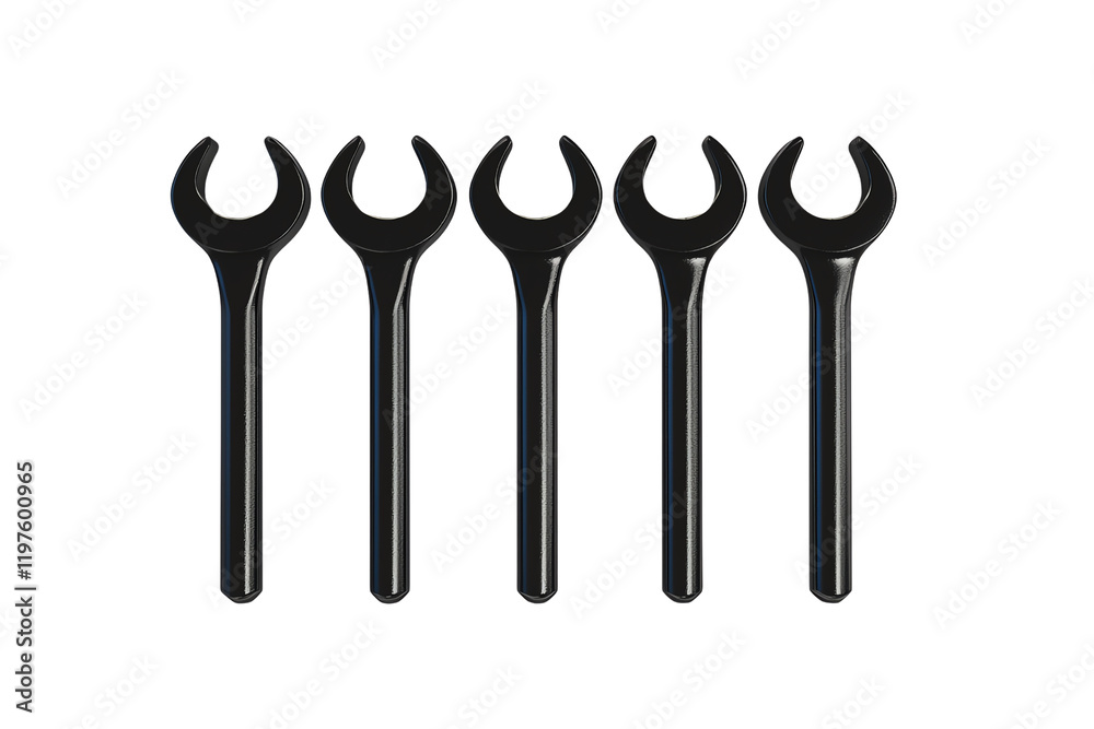A set of five black wrenches arranged in a row, designed for gripping and turning specific fasteners. A set of five black wrenches arranged in a row, designed for gripping and turning specific fasteners.