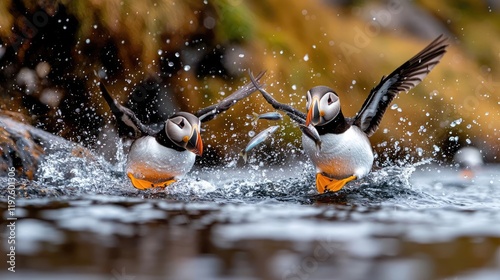 Atlantic puffins fighting over fish, splashing water, coastal cliff background, wildlife photography photo