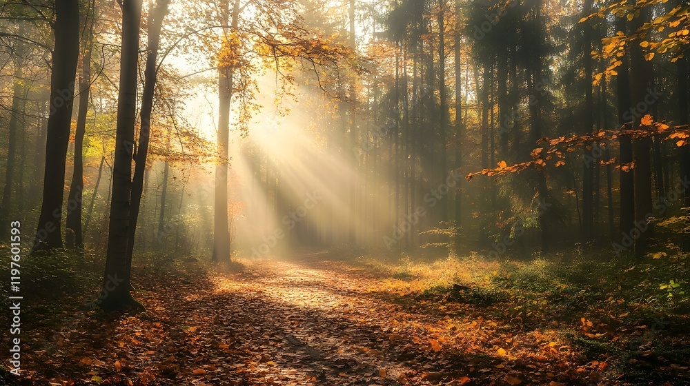 Obraz premium A foggy autumn morning in the forest with sunlight