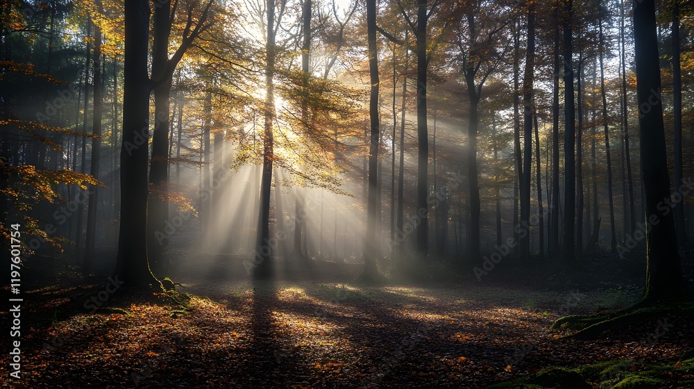 Obraz premium A foggy autumn morning in the forest with sunlight