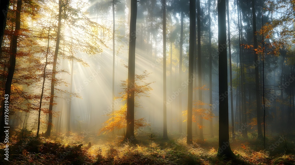 Obraz premium A foggy autumn morning in the forest with sunlight