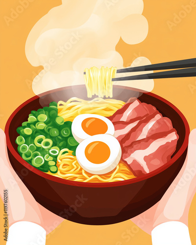 Delicious Bowls of Ramen with Steaming Noodles, Soft-Boiled Eggs, Pork, and Green Onions