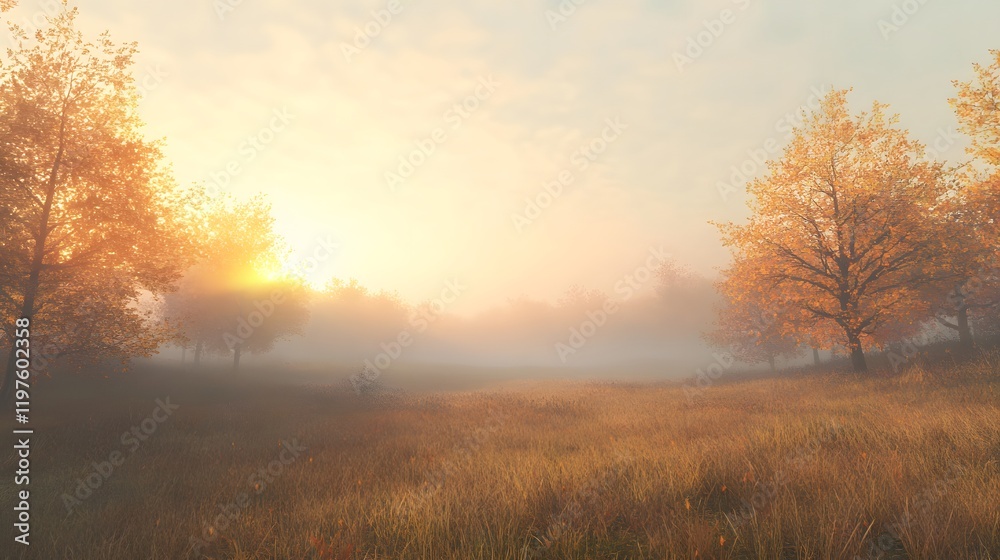 A foggy morning in a meadow with autumn trees lining A foggy morning in a meadow with autumn trees lining
