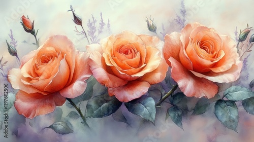 Three peach roses in soft watercolor style with lavender.