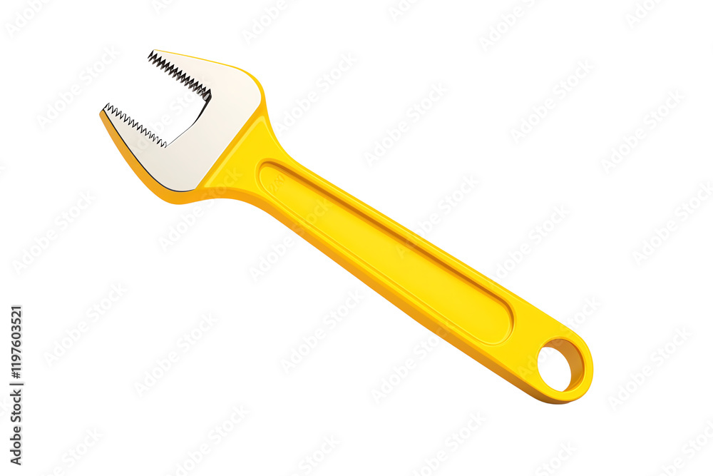 A yellow wrench with serrated edges, designed for gripping and turning various objects. A yellow wrench with serrated edges, designed for gripping and turning various objects.