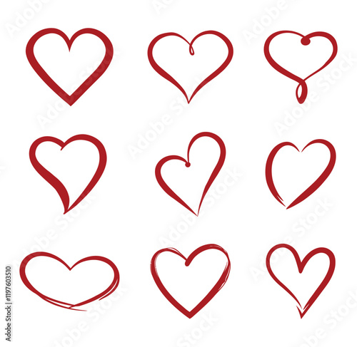 Hand drawn vector red heart shape icon set. Different type  of heart for valentines day. valentine red heart with out line.