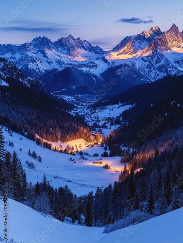 Snowy Mountain Valley at Dusk