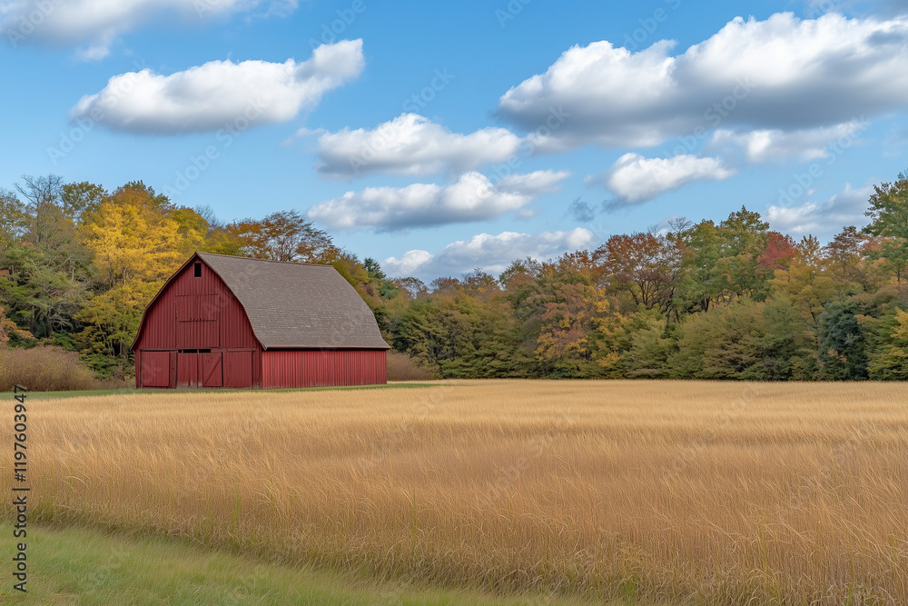 Rustic Red Barns Surrounded by Golden Wheat Fields and Scenic Countryside Rustic Red Barns Surrounded by Golden Wheat Fields and Scenic Countryside