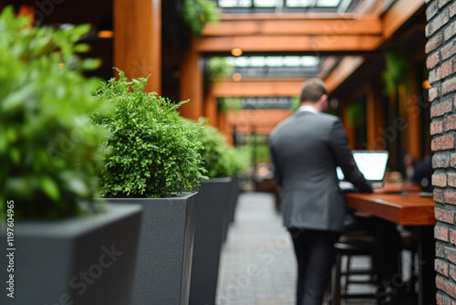 Business professional working in modern outdoor office space urban environment high-quality visual photo