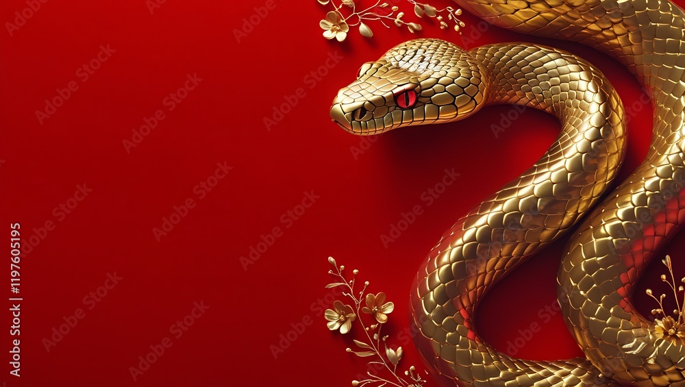 Fototapeta premium Luxury Red and Gold Chinese New Year 2025 Background – Creative Snake Zodiac Design with Lanterns and Floral Motifs, Chinese New Year copy space background, 2025 Lunar New Year Celebration