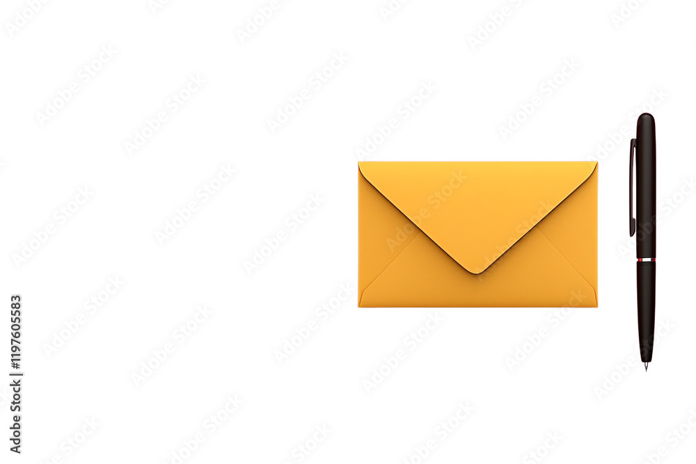 A vibrant yellow envelope paired with a sleek black pen, ideal for correspondence or notes. A vibrant yellow envelope paired with a sleek black pen, ideal for correspondence or notes.