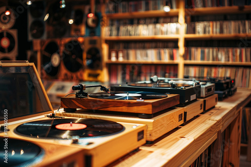 Person look vinyl records in retro music store, surrounded by various music genres classic CDs tapes vintage musical instruments, Generative AI
