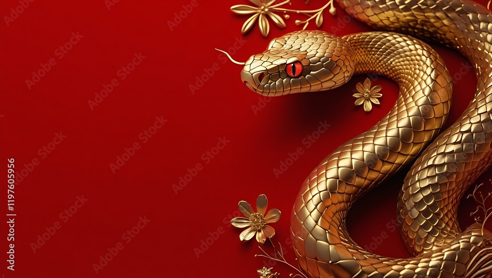 Obraz premium Luxury Red and Gold Chinese New Year 2025 Background – Creative Snake Zodiac Design with Lanterns and Floral Motifs, Chinese New Year copy space background, 2025 Lunar New Year Celebration