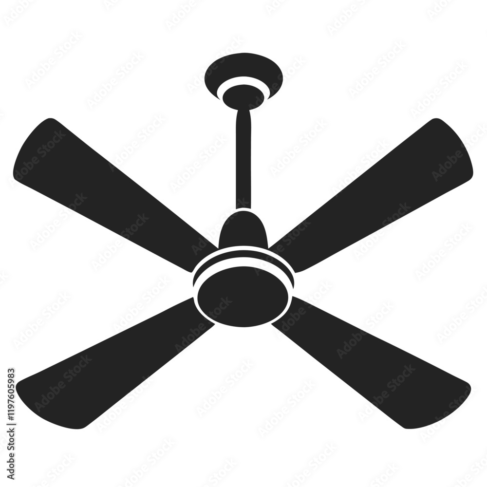 Ceiling fan silhouette - three blades, sleek design, modern fan illustration, home appliance art, fan icon Ceiling fan silhouette - three blades, sleek design, modern fan illustration, home appliance art, fan icon