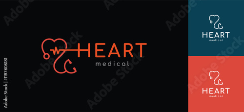 Stethoscope logo vector illustration design template with line style heart concept