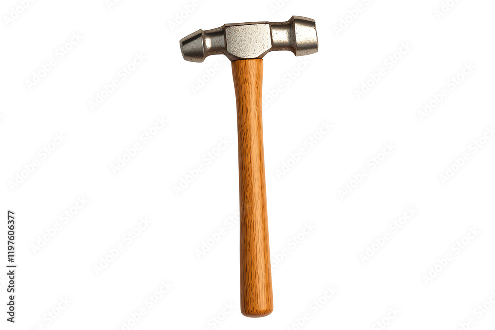 A metal hammer with a wooden handle, designed for striking and driving objects.