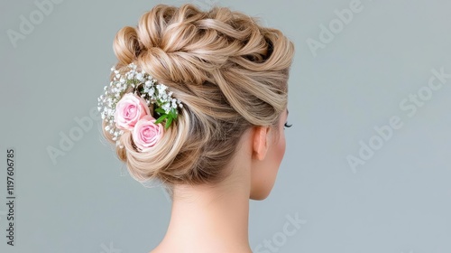 Elegant braided updo hairstyle with roses, back view, studio shot, bridal hair inspiration photo