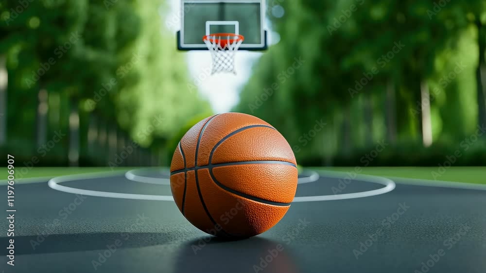 A basketball rests on the asphalt of an outdoor court surrounded by trees. The goal is visible in the background. Bright sunlight illuminates the serene setting, inviting play