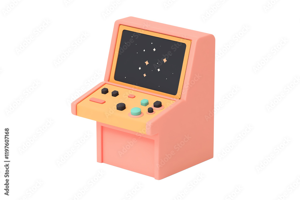 Obraz premium A small, pastel-colored arcade game cabinet featuring buttons and a screen displaying stars.