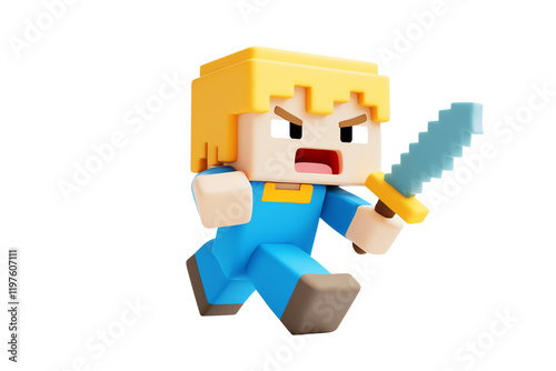 A blocky character with blonde hair, wearing blue overalls, brandishing a sword and appearing to run aggressively.