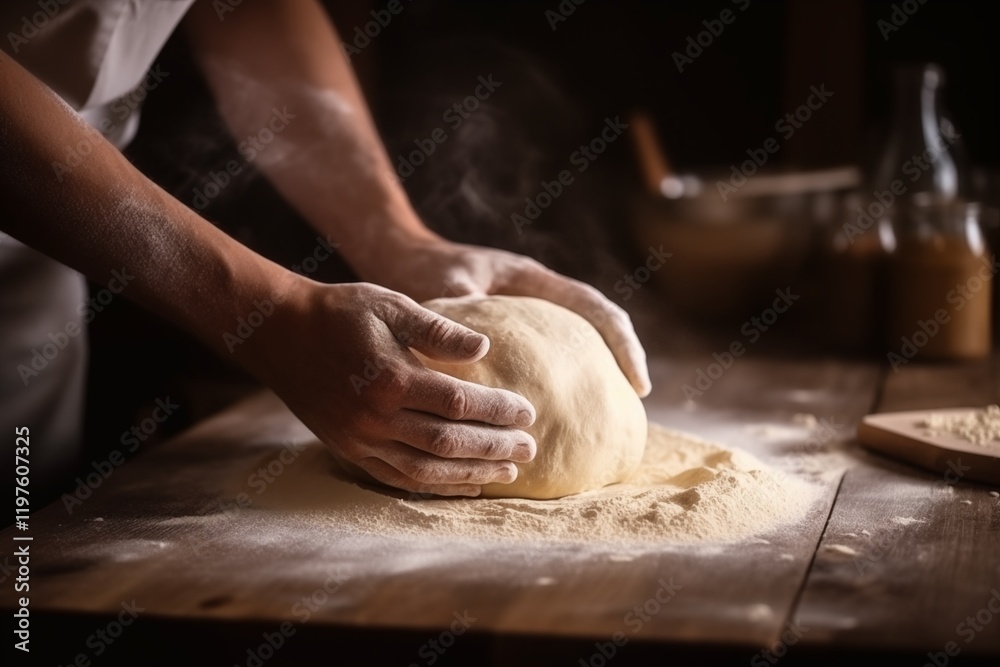 Baker kneading dough on a wooden table in a warm rustic kitchen setting Baker kneading dough on a wooden table in a warm rustic kitchen setting