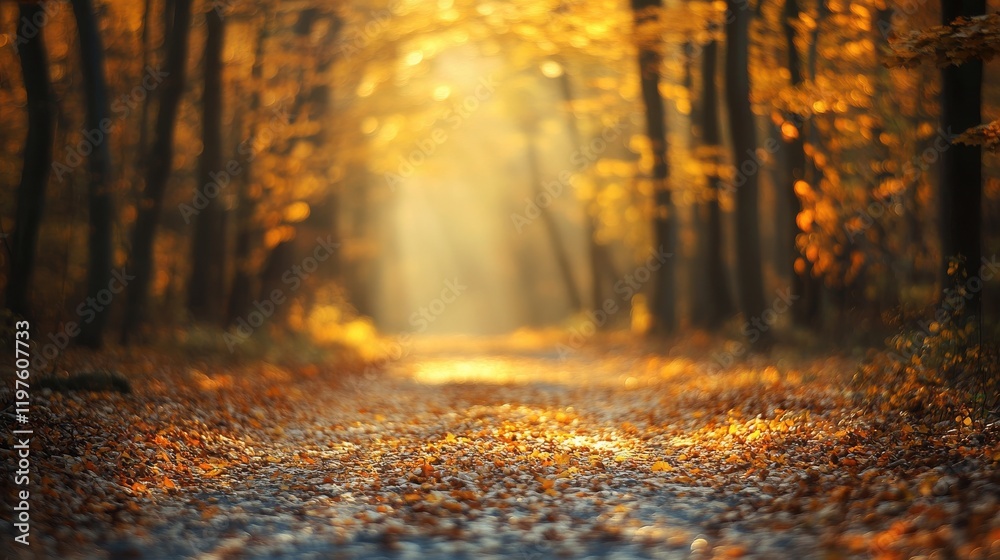 Autumn forest path with leaf covered ground and golden bokeh sunlight Autumn forest path with leaf covered ground and golden bokeh sunlight