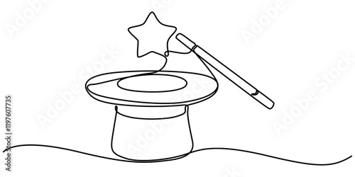 Single continuous line drawing magic hat and wand that a magician needs for a magic show. Two tools that are always there in every magician. Single one line drawing the magic hat was turned upside.