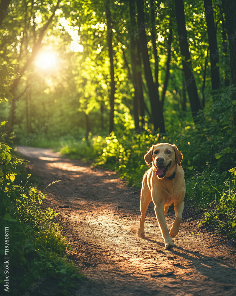 Golden Retriever in a Sunlit Forest Path During a Peaceful Morning Walk Golden Retriever in a Sunlit Forest Path During a Peaceful Morning Walk