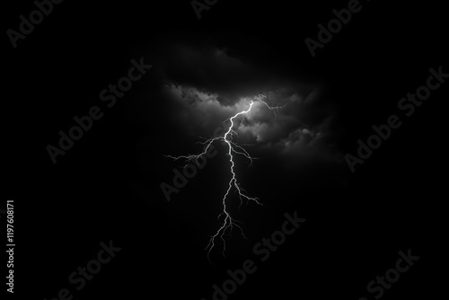 Isolated lightning bolt with detailed fractal-like tendrils against deep darkness

