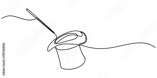 Single continuous line drawing magic hat and wand that a magician needs for a magic show. Two tools that are always there in every magician. Single one line drawing the magic hat was turned upside.