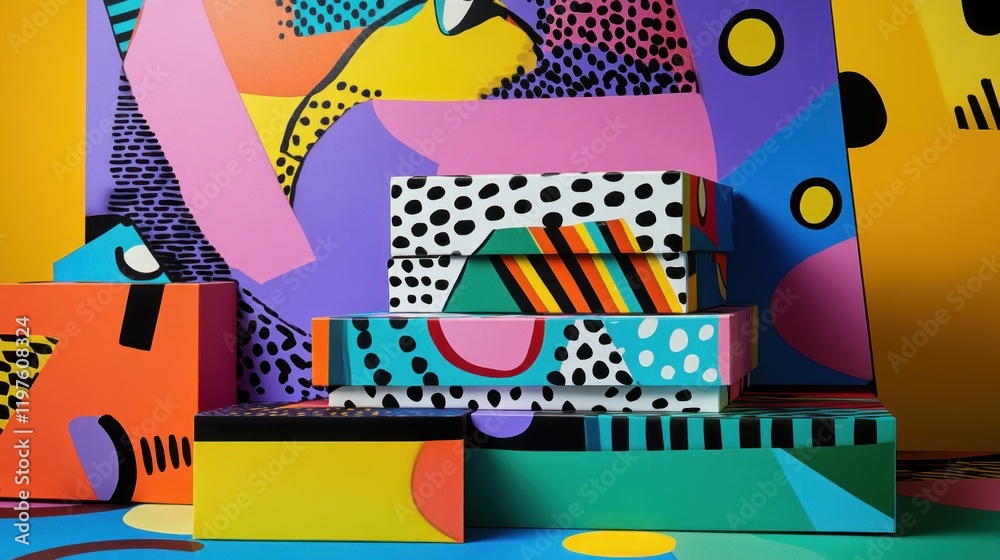 Colorful Abstract Gift Boxes on Geometric Background Colorful Abstract Gift Boxes on Geometric Background