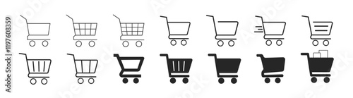 Shopping cart icons set. Set of black outline shopping carts, symbolizing retail, purchasing, and consumer goods in commerce. 