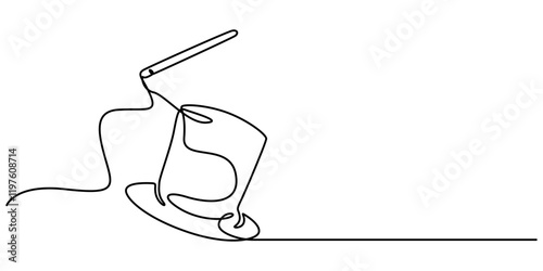 Single continuous line drawing magic hat and wand that a magician needs for a magic show. Two tools that are always there in every magician. Single one line drawing the magic hat was turned upside.