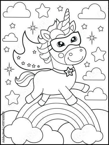 Superhero Unicorn Coloring Page for Kids. A Fun and Printable Black and White Activity Sheet for Kindergarten.
