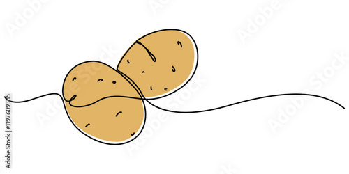 Potatoes vector illustration. One continuous line drawing art illustration with lettering organic potatoes, One line drawing features two potatoes in a simple and elegant continuous line, creating.