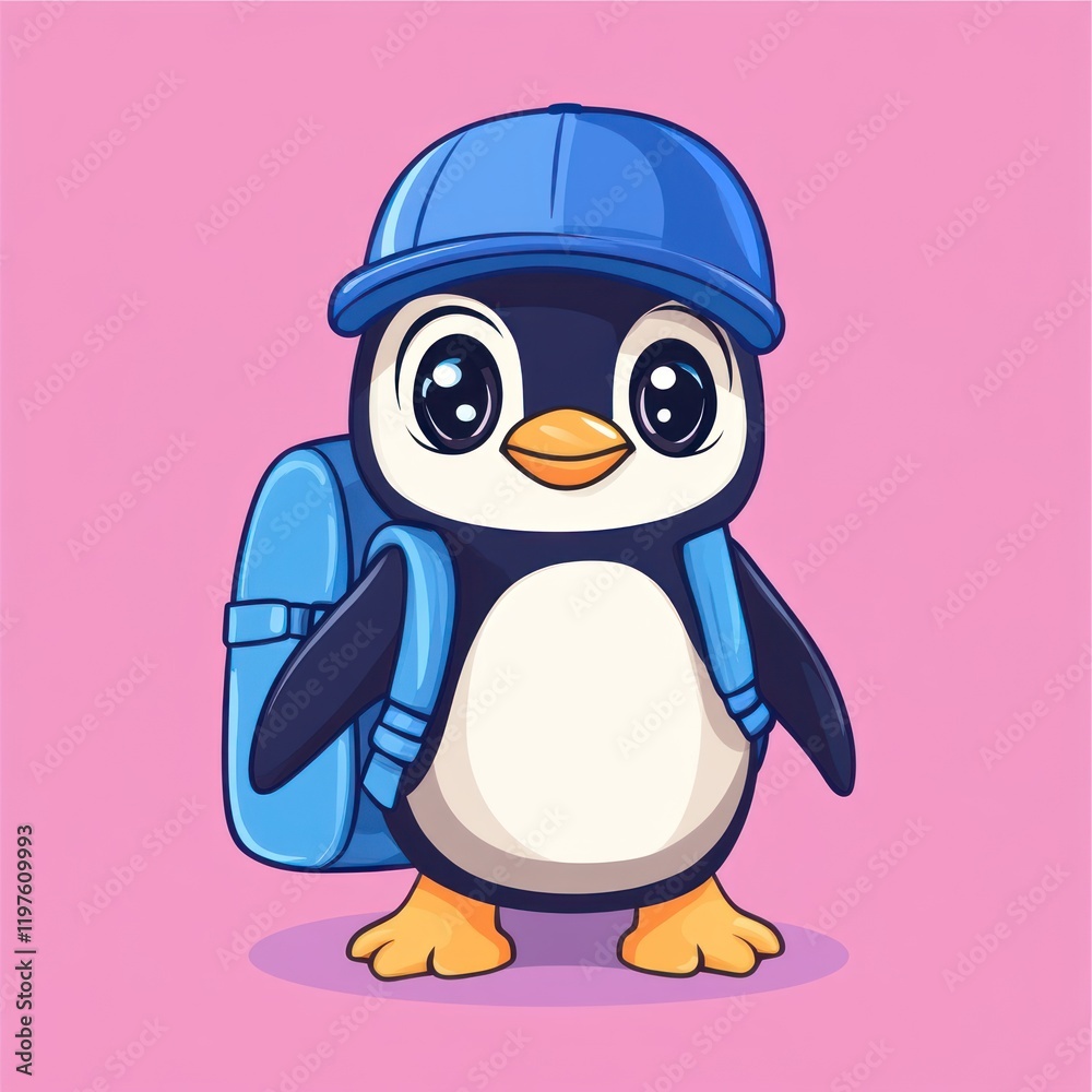 Naklejka premium Cartoon penguin with a blue hat and backpack against pink, going to school. Use for children's content
