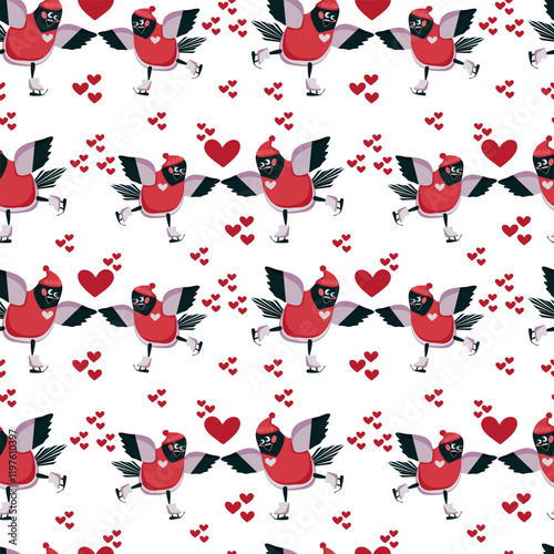 Seamless pattern cartoon bullfinches in love on skates among hearts - vector background for packaging design, fabric