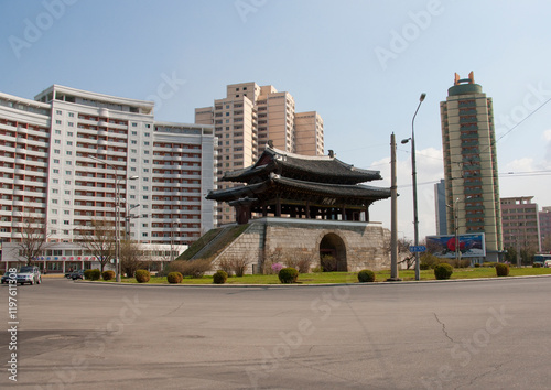 North Korean male traffic security officer in blue uniform in the street, Pyongan Province, Pyongyang, North Korea photo