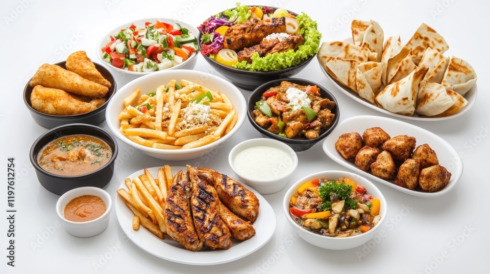 A delicious spread of grilled meats, fried potatoes, salads, and flatbreads. A delicious spread of grilled meats, fried potatoes, salads, and flatbreads.