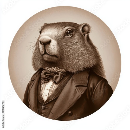 A whimsical illustration of a dressed-up marmot in a tuxedo.