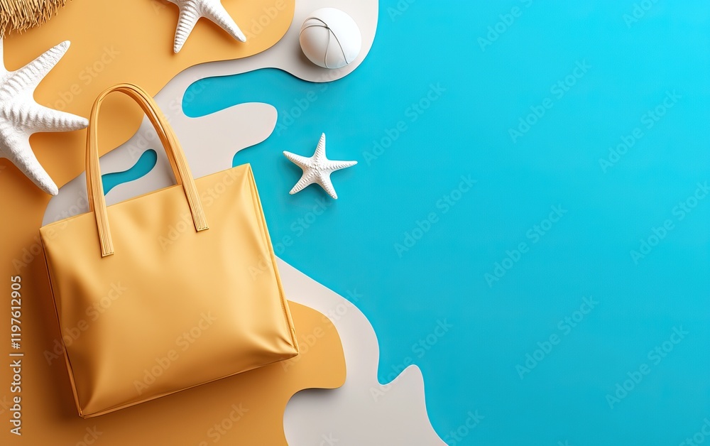 A vibrant beach-themed flat lay featuring a yellow bag, starfish, seashells, and colorful waves, evoking a summery, coastal vibe. A vibrant beach-themed flat lay featuring a yellow bag, starfish, seashells, and colorful waves, evoking a summery, coastal vibe.