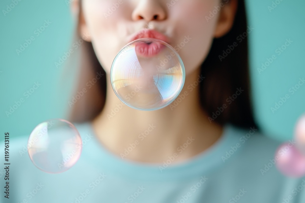 Girl blowing soap bubbles in a colorful and playful setting with a light blue background Girl blowing soap bubbles in a colorful and playful setting with a light blue background