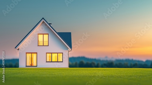 Wallpaper Mural Modern Family Home at Sunset with Warm Lights and Green Lawn in Tranquil Countryside Landscape Torontodigital.ca